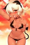  ;d ass_visible_through_thighs bikini black_bikini black_rock_shooter blush breasts dark_skin demon_tail fang front-tie_top hand_on_own_chest looking_at_viewer m-da_s-tarou one_eye_closed open_mouth red_eyes short_hair side-tie_bikini small_breasts smile solo strength_(black_rock_shooter) swimsuit tail tattoo thigh_gap underboob wet white_hair 