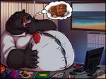  anthro bear belly black_bear black_fur black_nose brown_eyes burger butter calendar claws computer desk detailed_background doughnut food fries front_view fur hand_on_stomach hi_res holding_object landscape male mammal milkshake necktie obese office open_mouth overweight overweight_male pancake paws pecs ramzi relaxing saliva sitting slightly_chubby snacks solo syrup work 