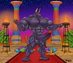  abs anubian_jackal balls biceps big_balls big_penis canine egyptian fire goblet jackal male mammal muscular night nude pecs penis pillars pillow regnar sky solo star torch tray vase vein 