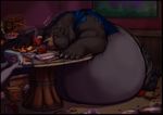  4_toes anthro barefoot bear belly biceps big_biceps black_bear black_fur black_nose box brown_eyes claws clothing detailed_background doughnut eating food front_view fur grey_fur hi_res holding_object hungry male mammal manly mature_male open_mouth overweight overweight_male paws photo pie ramzi relaxing shirt sitting size_difference slightly_chubby smell solo sound_effects table teeth toes tongue 