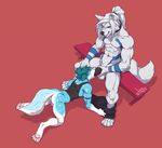  anthro balls bench black_penis blue_fur blue_hair bottomless canine clothed clothing dog duo fellatio fur hair husky male male/male mammal nude oral penis red_background sex simple_background stoopix white_fur white_hair wolf 