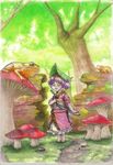  1girl barefoot commentary forest frog full_body highres isaki_tanaka japanese_clothes kimono landscape leaf leaf_on_head minigirl mushroom nature needle obi open_mouth outdoors purple_hair ribbon sash scenery short_hair short_sleeves signature solo sukuna_shinmyoumaru tiptoes touhou traditional_media tree tree_shade yellow_eyes 