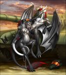  2016 abdominal_bulge anthro armor breasts cum cum_inflation cum_inside detailed_background dharsii digital_media_(artwork) dragon duo erection fellatio female fur hair helmet hi_res horn inflation jaeson male male/female nipples nude open_mouth oral orgasm outside penetration penis pussy quillu sergal sex sky smile sunset tank teeth tongue tongue_out vehicle wings 