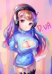  absurdres adapted_costume animal_band_legwear arms_behind_back bad_id bad_pixiv_id black_legwear blue_sweater breasts brown_eyes brown_hair bunny_band_legwear character_name cleavage cleavage_cutout cowboy_shot d.va_(overwatch) facepaint facial_mark headphones highres large_breasts long_hair long_sleeves looking_at_viewer mao_ge meme_attire no_bra open-chest_sweater overwatch panties ribbed_sweater smile solo sweater thighhighs turtleneck underwear very_long_hair whisker_markings white_panties 