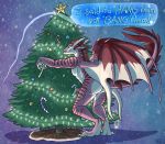  2018 animal_genitalia anthro butt candy candy_cane christmas christmas_tree claws cum dialogue digital_media_(artwork) dragon erection food hair hi_res holidays horn looking_at_viewer looking_back maireck male neoscottie nude penis presenting presenting_hindquarters scalie simple_background smile solo standing tree wings 