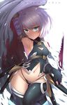  ass_visible_through_thighs bandages black_legwear black_panties breasts bu_li cleavage_cutout fate/apocrypha fate_(series) gloves green_eyes jack_the_ripper_(fate/apocrypha) looking_at_viewer navel panties reverse_grip scar short_hair silver_hair small_breasts solo stitches thighhighs typo underwear weapon white_hair 