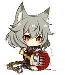  animal_ears blush chibi claw_(weapon) collar erune granblue_fantasy grey_hair looking_at_viewer orange_eyes rubii seiza sen_(granblue_fantasy) short_hair simple_background sitting skirt solo weapon white_background yarn yarn_ball 