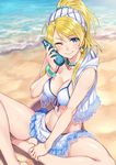  ;) ahoge aqua_nails ayase_eli bangle bangs bare_shoulders beach bikini bikini_under_clothes blonde_hair blue_eyes blush bottle bottle_to_cheek bracelet breasts cleavage condensation day earrings hair_ribbon highres holding holding_bottle hood hood_down hoodie jewelry long_hair looking_at_viewer love_live! love_live!_school_idol_project makeup mascara matsuryuu medium_breasts nail_polish natsuiro_egao_de_1_2_jump! necklace one_eye_closed outdoors pearl_necklace ramune ribbon sleeveless sleeveless_hoodie smile solo star star_earrings striped striped_ribbon sunlight swept_bangs swimsuit swimsuit_under_clothes 