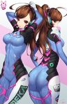  ahoge arms_up artist_name ass bad_id bad_pixiv_id blush bodysuit breasts brown_eyes brown_hair bubble_blowing character_name chewing_gum closed_mouth covered_nipples cowboy_shot d.va_(overwatch) facepaint facial_mark from_behind glowing hair_tie headphones highres legs_together long_hair looking_back medium_breasts mouth_hold overwatch profile signature skin_tight snow_is standing whisker_markings 