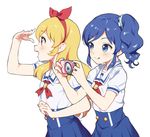  :d aida_takanobu aikatsu! aikatsu!_(series) blonde_hair blue_eyes blue_hair blush breasts camera hair_ribbon hairband hoshimiya_ichigo kiriya_aoi long_hair multiple_girls open_mouth red_eyes ribbon short_sleeves side_ponytail skirt small_breasts smile 