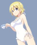  ass_visible_through_thighs blonde_hair blue_eyes braid breasts casual_one-piece_swimsuit cup darjeeling drink frilled_swimsuit frills girls_und_panzer highres looking_at_viewer medium_breasts nanashino one-piece_swimsuit purple_eyes side-tie_swimsuit smile solo swimsuit teacup thigh_gap thighs white_swimsuit 