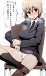  black_eyes blazer blush breasts brown_hair chair drooling freedom_nakai highres jacket kingyo_oukoku_no_houkai kneehighs large_breasts loafers necktie panties pussy_peek school_uniform shoes short_hair sitting skirt solo translated underwear 