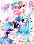  :d bug butterfly cowboy_shot dango food frills from_side hat insect japanese_clothes kimono looking_at_viewer mob_cap nagare open_mouth pink_eyes pink_hair saigyouji_yuyuko sanshoku_dango smile solo touhou triangular_headpiece veil wagashi wide_sleeves 