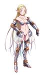  armor bikini bikini_armor bikini_day blonde_hair elf feet fingers full_body gauntlets greaves hand_on_hip hands light_smile long_hair navel open_toe_shoes orange_eyes pointy_ears shoes simple_background solo swimsuit thighhighs tiara toenails toes toned very_long_hair white_background wokada 