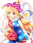  american_flag_dress american_flag_legwear blonde_hair clownpiece hat jester_cap long_hair nagare open_mouth pantyhose polka_dot red_eyes solo striped striped_legwear torch touhou 