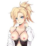  babydoll bad_id bad_pixiv_id bangs bare_shoulders blonde_hair blue_eyes breastless_clothes breasts cleavage collarbone heart heart-shaped_pupils high_ponytail lace_trim large_breasts long_sleeves looking_at_viewer mercy_(overwatch) nipples no_wings off_shoulder open_clothes open_shirt overwatch parted_lips seok shirt solo symbol-shaped_pupils upper_body white_background white_shirt 