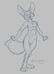 2016 4_toes anthro athletic big_ears canine claws digitigrade eyebrows fangs featureless_crotch fennec fox fur hi_res male mammal monochrome navel nude richard_foley simple_background sketch solo standing teeth toe_claws toes wide_hips 