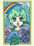  :o bad_id bad_pixiv_id cloud diagonal_stripes eyelashes face flower foo_fighters frame green_eyes green_hair halftone hydrangea jojo_no_kimyou_na_bouken karuma_(gi10100609) looking_at_viewer neck open_mouth rain rainbow short_hair snail solo star star-shaped_pupils striped symbol-shaped_pupils upper_body vertical_stripes water_drop 