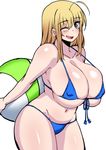  ball beachball belly bikini blonde_hair blue_bikini blue_eyes breasts cleavage earrings huge_breasts jewelry komusou_(jinrikisha) long_hair navel ooba_minori original simple_background solo swimsuit white_background 