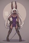  animal_ears armor bare_shoulders breasts bunny_ears character_name dark_skin dress earrings fencer_(ffta) final_fantasy final_fantasy_tactics_advance full_body hand_on_hip high_heels iahfy jewelry long_hair low_twintails purple_dress rapier see-through small_breasts solo stiletto_heels sword tattoo tribal_tattoo twintails viera weapon white_hair 