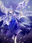  angel_wings barefoot blue_eyes blue_hair character_name dress highres long_hair multiple_wings sariel seraph solo staff tanzhujiuyue touhou touhou_(pc-98) very_long_hair wide_sleeves wings 