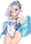 alternate_hairstyle asake_ameji blue_eyes blue_jacket breasts collarbone commentary_request cowboy_shot eyebrows_visible_through_hair hair_bun hair_tie jacket kantai_collection long_hair long_sleeves looking_at_viewer medium_breasts mole mole_under_eye one-piece_swimsuit silver_hair smile solo standing swimsuit track_jacket umikaze_(kantai_collection) undressing very_long_hair white_swimsuit 