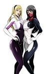  :o black_hair blonde_hair bodysuit breast_press breasts brown_eyes covered_navel face_mask gwen_stacy hand_on_hip highres hood hoodie large_breasts long_hair looking_at_viewer marvel mask multiple_girls open_mouth shibusun silk_(marvel) simple_background spider-gwen spider-man_(series) standing symmetrical_docking thighs white_background 