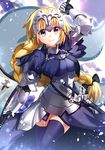  armor armored_dress bad_id bad_pixiv_id blonde_hair braid breasts fate/apocrypha fate_(series) faulds gauntlets headpiece highres ichiren_namiro jeanne_d'arc_(fate) jeanne_d'arc_(fate)_(all) long_hair looking_at_viewer medium_breasts purple_eyes single_braid smile solo thighhighs weapon 