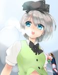  blue_eyes bow hair_bow hitodama katana konpaku_youmu nagare open_mouth silver_hair solo sword touhou upper_body weapon 