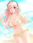  absurdres ayu_(sweetfish_man) beach bikini blush breasts cleavage commentary_request headphones highres large_breasts long_hair looking_at_viewer navel nitroplus open_mouth pink_eyes pink_hair smile solo super_sonico swimsuit 