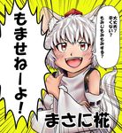  animal_ears blush carte daijoubu?_oppai_momu? detached_sleeves fangs hat highres inubashiri_momiji looking_at_viewer masa_ni open_mouth pom_pom_(clothes) pom_poms short_hair smile solo tail thumbs_up tokin_hat touhou translation_request white_hair wolf_ears wolf_tail yellow_background yellow_eyes 