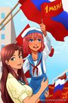  banhammer-tan blue_eyes brown_hair green_eyes orikanekoi tagme twintails ussr-tan 