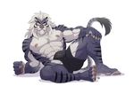  anthro bulge claws clothed clothing fangs feline furrybob looking_at_viewer male mammal muscular nipples simple_background solo topless white_background 