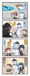  &gt;_&lt; 4koma amatsukaze_(kantai_collection) arms_up bangs battleship_hime beamed_eighth_notes bicycle bicycle_basket bicycle_helmet black_hair blue_hair brown_eyes chibi closed_eyes comic commentary dress eighth_note epaulettes eyebrows eyebrows_visible_through_hair female_admiral_(kantai_collection) gloves grey_hair ground_vehicle hair_tubes hat helmet highres jacket kantai_collection lifebuoy long_hair military military_hat military_uniform multiple_girls music musical_note oni_horns open_mouth pants peaked_cap pout puchimasu! school_uniform serafuku shinkaisei-kan sidelocks singing sleeveless sleeveless_dress smile speech_bubble splashing striped striped_legwear sweatdrop swimming translated tree two_side_up uniform yuureidoushi_(yuurei6214) 