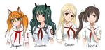  4girls animal_ears blonde_hair braid brown_eyes brown_hair fox_ears green_hair marina multiple_girls nastya orange_hair orikanekoi polina red_eyes sasha simple_background soviet_pioneer tagme twintails 