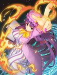  absurdres blue_eyes book crescent dress fire fps from_above hair_ribbon hat highres impossible_clothes long_hair long_sleeves looking_at_viewer magic_circle mob_cap nail_polish open_book patchouli_knowledge pointing pointing_up purple_hair ribbon smile solo striped striped_dress touhou tress_ribbon 