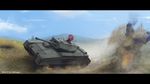  2016 action artist_name cloud crusader_(tank) dated day dirt explosion furukawa_herzer girls_und_panzer ground_vehicle highres landscape letterboxed military military_uniform military_vehicle motor_vehicle mountain red_hair rosehip scenery sky smoke solo sparks st._gloriana's_military_uniform tank tree uniform 