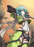  anti-materiel_rifle aqua_eyes bibi blue_hair fingerless_gloves from_below gloves gun pgm_hecate_ii rifle short_hair short_shorts shorts sinon sniper_rifle solo sword_art_online weapon 