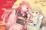  &gt;_&lt; 2015 2girls animal arrow bangs blonde_hair blush closed_eyes closed_mouth cowboy_shot dated eyebrows eyebrows_visible_through_hair floral_print flower hair_between_eyes hair_flower hair_ornament happy_new_year hiiragi_souren holding holding_animal japanese_clothes kimono long_hair long_sleeves looking_at_viewer multiple_girls nail_polish new_year obi one_eye_closed open_mouth original pink_hair pink_kimono red_eyes sash sheep sidelocks smile tree_branch wide_sleeves yellow_eyes 