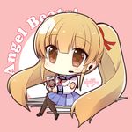  angel_beats! blonde_hair brown_eyes can canned_coffee chibi headset key_(company) long_hair microphone pantyhose remotaro school_uniform serafuku shinda_sekai_sensen_uniform solo twintails yusa_(angel_beats!) 