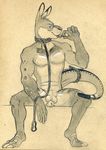  anatomically_correct animal_genitalia anthro athletic balls barefoot cherry collar eating food front_view fruit fully_sheathed kangaroo leash mammal marsupial monochrome naughty_face pecs pencil_(artwork) sheath sitting spread_legs spreading tongue tongue_out traditional_media_(artwork) tush 