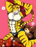  2016 abs anthro bear bearlovestiger13 biceps blood blue_eyes blush brown_fur chest_tuft clothed clothing duo erection erection_under_clothes feline fur hi_res juuichi_mikazuki love male male/male mammal morenatsu muscular nipples nosebleed pecs pink_nose speedo summer swimming_trunks swimsuit tiger tongue tongue_out torahiko_(morenatsu) tuft undressing white_fur 