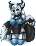  &lt;3 2016 anthro black_feathers black_fur black_horn blue_eyes blue_nose bra canine clothed clothing collar ear_piercing feathered_wings feathers female fur grey_feathers hi_res horn legwear mammal mixideer piercing simple_background solo spikes underwear white_background white_feathers white_fur wings 