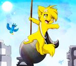  3d_(artwork) anthro avian bird blue_feathers building cat cute detail digital_media_(artwork) duo feathers feline feral fur humanoid humor kitten_(kiyttani) mammal obeyania parody sun sunny wrecking_ball yellow_eyes yellow_fur 