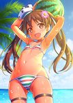  :d armpits arms_up ass_visible_through_thighs ball beachball bikini blue_sky blush brown_eyes cameltoe cloud collarbone colored_stripes covered_nipples cowboy_shot day fang flat_chest flower hair_flower hair_ornament hat holding holding_ball horizon kantai_collection libeccio_(kantai_collection) looking_at_viewer mini_hat navel ocean open_mouth palm_tree pink_flower plant red_eyes skindentation sky smile solo splashing stomach striped striped_bikini swimsuit thigh_strap tooth tree uousa-ou water water_drop watermelon_beachball white_hat 