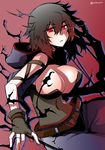  bad_anatomy belt black_hair bow breasts cleavage cowboy_shot fingerless_gloves gloves hitotose_rin hood hood_down large_breasts looking_at_viewer red_eyes rita_(sennen_sensou_aigis) sennen_sensou_aigis solo twitter_username 