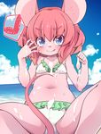  :q animal_ears bikini blue_eyes blush cloud commentary_request condom cum cum_on_body cum_on_clothes cum_on_lower_body cum_on_upper_body day facial flat_chest furry holding long_hair mouse_ears mouse_girl naughty_face navel ocean original pink_hair sitting sky smile solo spread_legs swimsuit tail tongue tongue_out used_condom yuuki_(yuyuki000) 