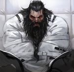  angry beard belt black_hair braid braided_beard dark_skin dark_skinned_male facial_hair league_of_legends long_hair male_focus mustache olaf_(league_of_legends) red_eyes restrained restraints siakim solo straitjacket veins 