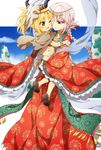  alternate_costume bandages blonde_hair braid chinese_clothes cow_skull divine_princess_of_the_storm fate/apocrypha fate/grand_order fate_(series) florence_nightingale_(fate/grand_order) frills green_eyes hanfu hug long_hair mordred_(fate) mordred_(fate)_(all) mother_and_daughter multiple_girls oiun one_eye_closed pink_hair ponytail red_eyes short_hair skull smile true_samadhi_fire 