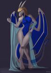 2016 anthro bat_wings blonde_hair blue_scales breasts brown_claws claws cloth dragon featureless_breasts featureless_crotch female green_hair grey_horn grey_scales hair long_hair maaia membranous_wings navel nude scales scalie solo tasteful_nudity toe_claws wide_hips wings 